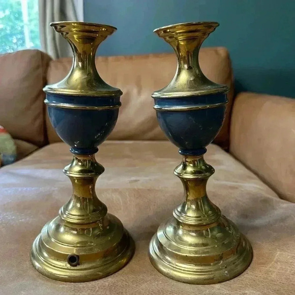 Two Vintage Brass Lamp Bodies Blue And Gold Not Wired - Picture 2 of 8
